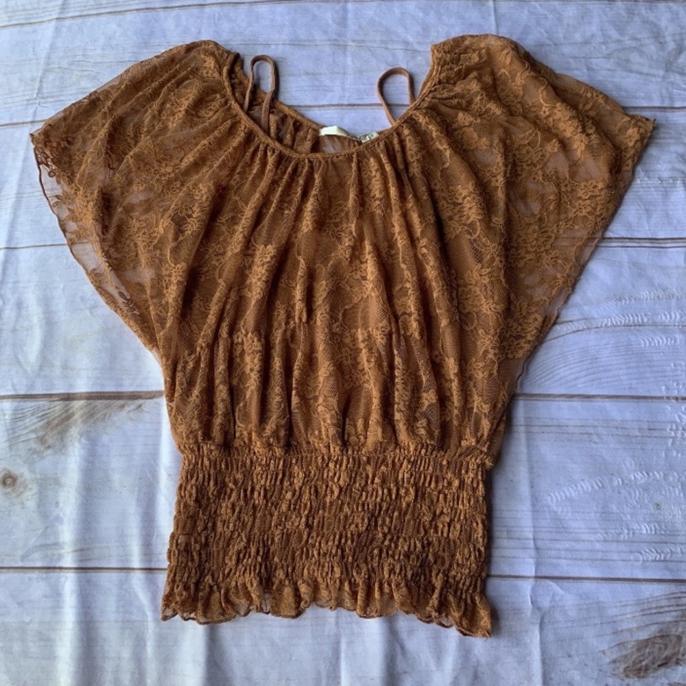 HAE Short Sleeve Rust Colored Lace Top Size Large